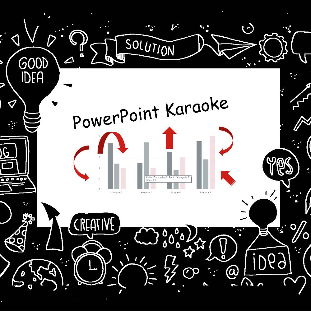 Das Foto zeigt das Logo des PowerPoint Karaoke: Ein nichtssagendes Balkendiagramm und sinnlose Pfeile, umgeben von kreativen Doodles.