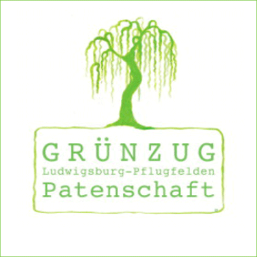 Trauerweide mit dem Schriftzug Grünzug Ludwigsburg-Pflugfelden Patenschaft