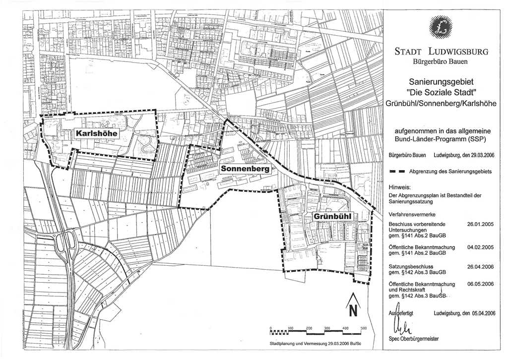 Abgrenzungsplan Sanierungsgebiet Grünbühl, Sonnenberg, Karlshöhe vom 05.04.2006. Grafik: Stadt Ludwigsburg