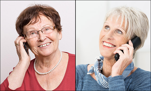 Zwei Bilder von Frauen, die beide einen Telefonhörer ans Ohr halten