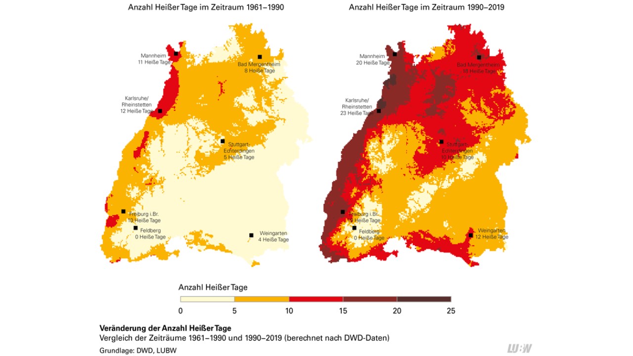 Zwei Karten von Baden-Württemberg zur Entwicklung der Anzahl heißer Tage 