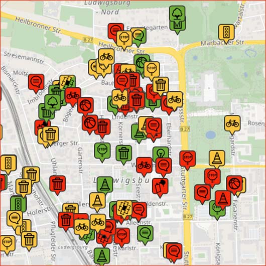 Ausschnitt einer Karte des Stadtgebiets auf der verschiedene Mängel eingzeichnet sind